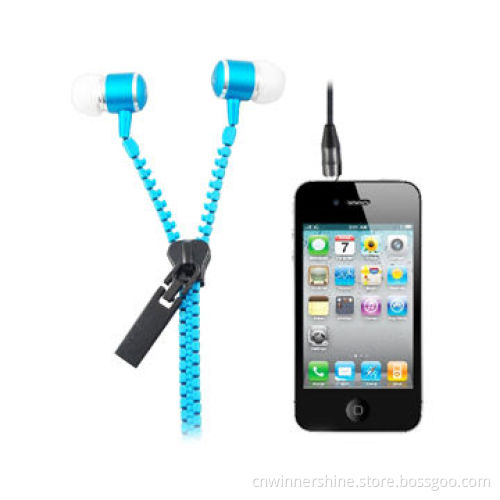 Earbud with fashion metallic zipper earphone 3.5mm plug super bass tangle free for iPhone iPad OEM